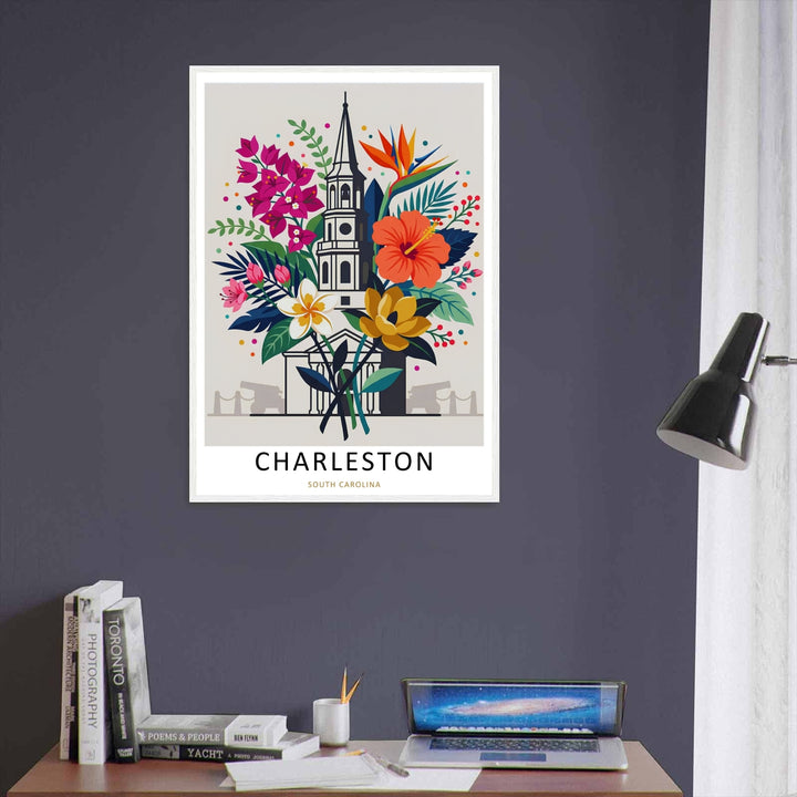 Charleston floral print showing exotic bird of paradise flowers and delicate white plumeria frangipani blossoms in a garden arrangement. High-quality wall decor available in versatile framed, canvas, and unframed print options.