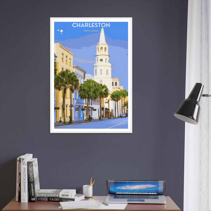 Charleston Church Street southern wall decor featuring a grand white clock tower and colorful historic townhomes. An elegant poster style piece offered as a framed print, canvas, or fine art paper poster.