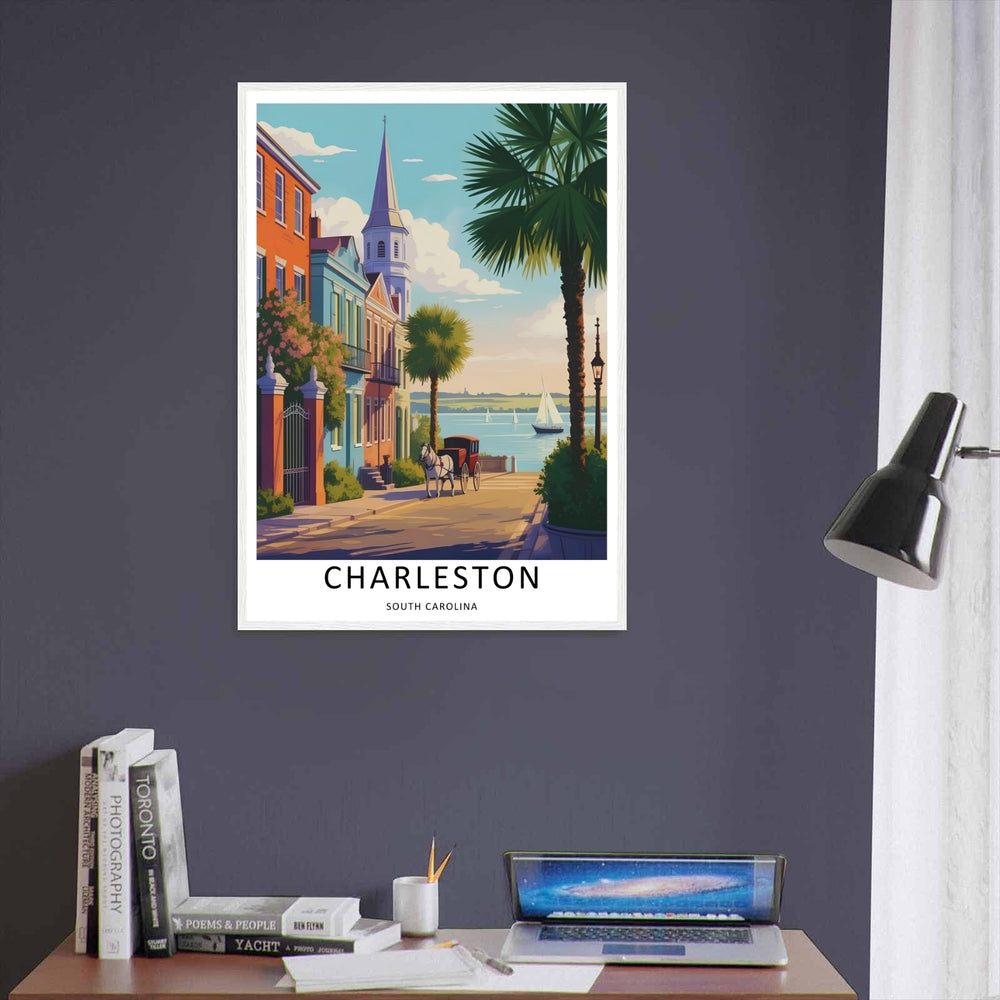 Charleston coastal South Carolina wall decor featuring a white sailboat sailing on the ocean horizon under soft white clouds. An elegant vintage travel poster style piece offered as a framed print, canvas, or fine art paper poster.