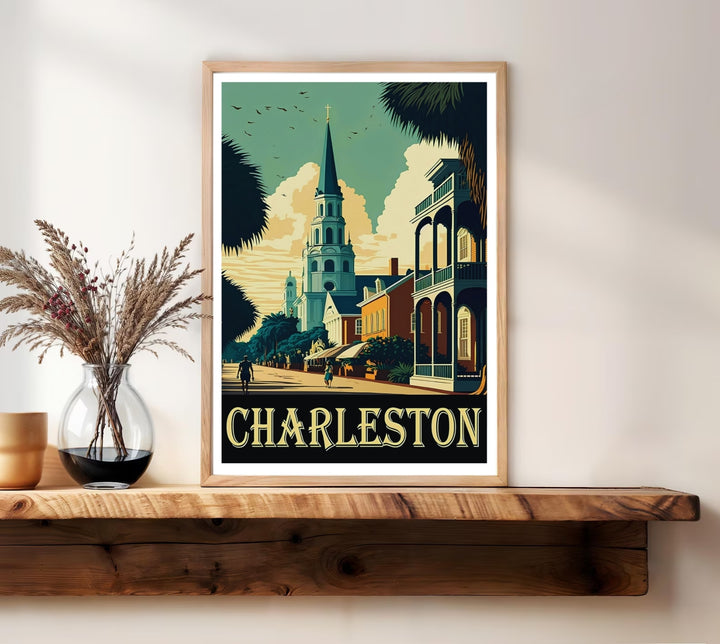 Charleston nautical destination art print highlighting the peaceful twilight views of a historic coastal city center. Elevate your gallery wall with this MapYourDreams poster available in framed, canvas, and print formats.