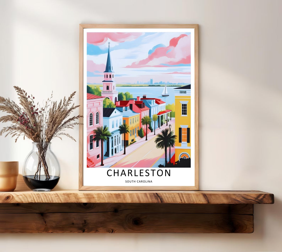 Charleston graphic realism travel artwork illustrating an aerial overlook of the harbor bay and a distant city skyline. This beautiful landscape wall art by MapYourDreams comes as an unframed poster, gallery canvas, or custom framed print.