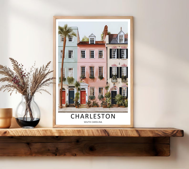 Charleston coastal architecture and classic pink and green row houses nestled along an urban street. Upgrade your bedroom wall decor with this MapYourDreams design, available as a framed print or stretched canvas.