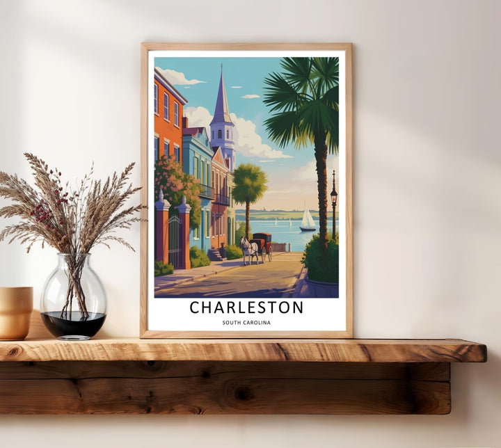 Charleston southern historic street scene depicting a tall palmetto palm tree and an old-fashioned gas streetlamp on a sunlit sidewalk. This MapYourDreams decorative print can be purchased as a premium canvas wrap or framed poster.