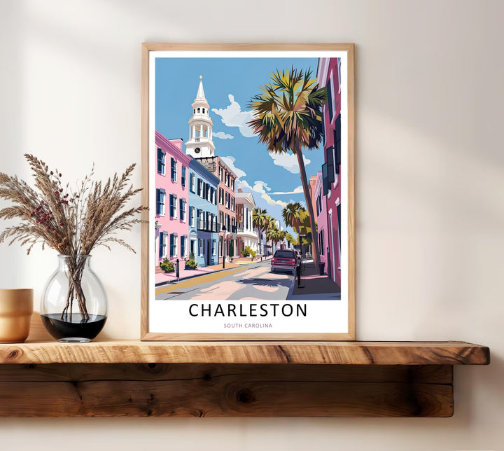 Charleston graphic vector style travel poster illustrating a bright summer afternoon on the avenues of South Carolina. This beautiful landscape wall art by MapYourDreams comes as an unframed poster, gallery canvas, or custom framed print.