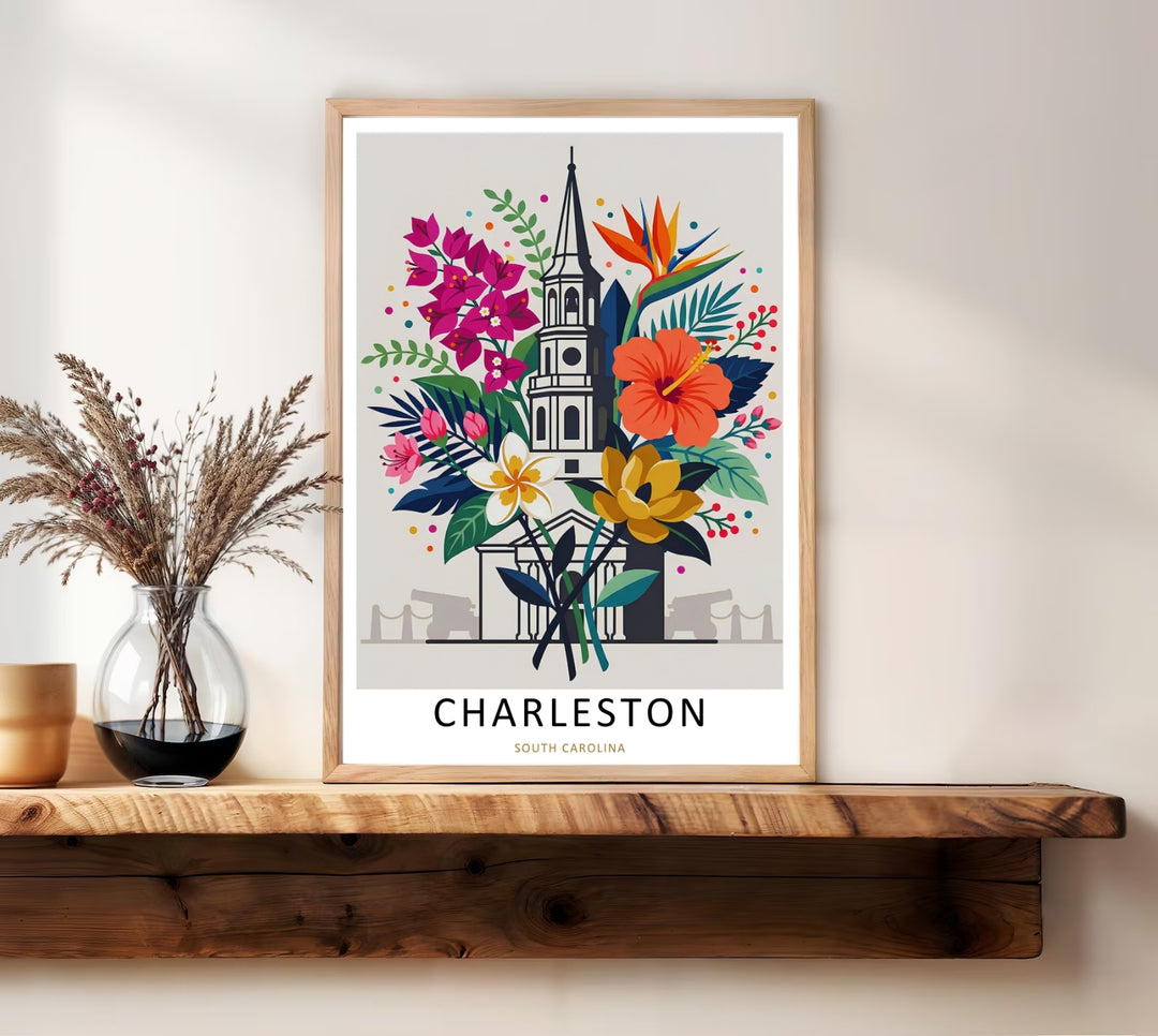Charleston graphic vector style travel poster illustrating a vibrant mid-century botanical bouquet wrapping a traditional landmark spire. This beautiful landscape wall art by MapYourDreams comes as an unframed poster, gallery canvas, or custom framed print.
