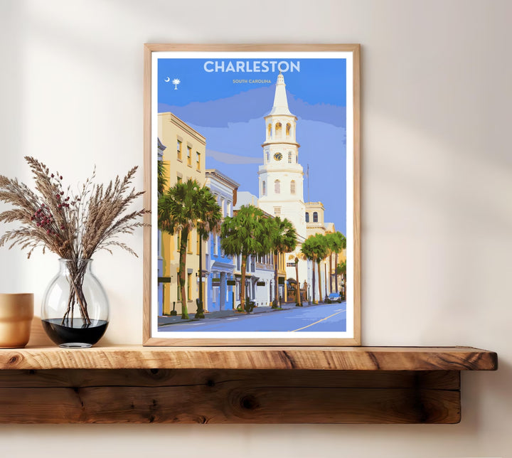 Charleston coastal print showing a quiet urban street with a traditional South Carolina crescent moon crest in the sky. High-quality wall decor available in versatile framed, canvas, and unframed print options.