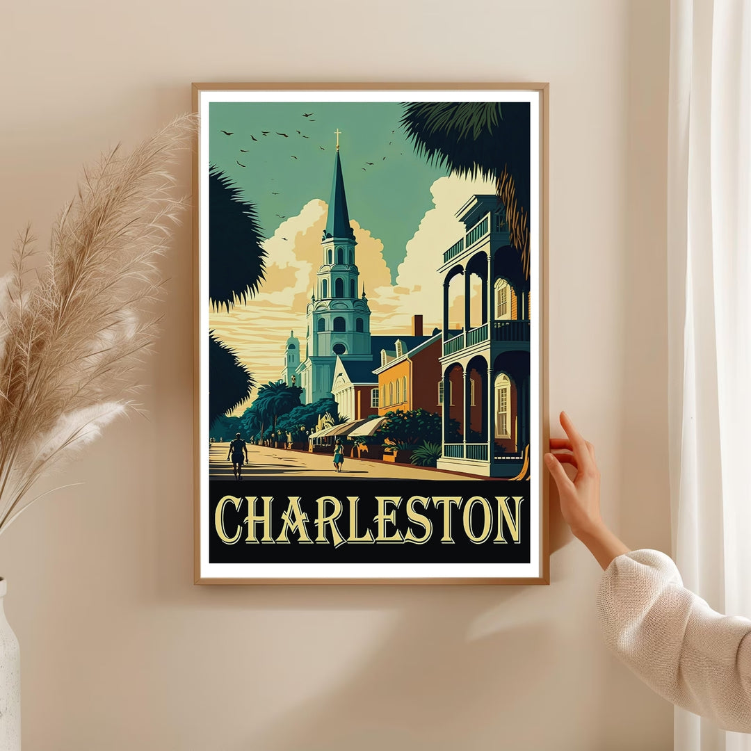 Charleston maritime town wall art depicting a scenic promenade with towering palmetto trees in South Carolina. This MapYourDreams decorative poster can be purchased as a premium canvas wrap or framed poster.