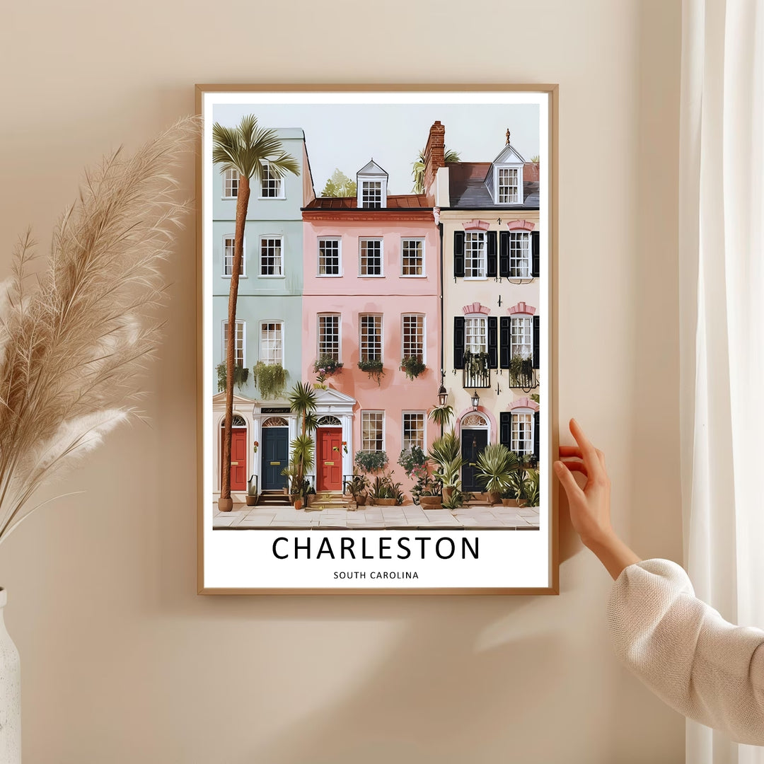 Charleston architectural art print depicting a tall palmetto palm tree standing on the sidewalk by residential buildings. This MapYourDreams decorative poster can be purchased as a premium canvas wrap or framed poster.