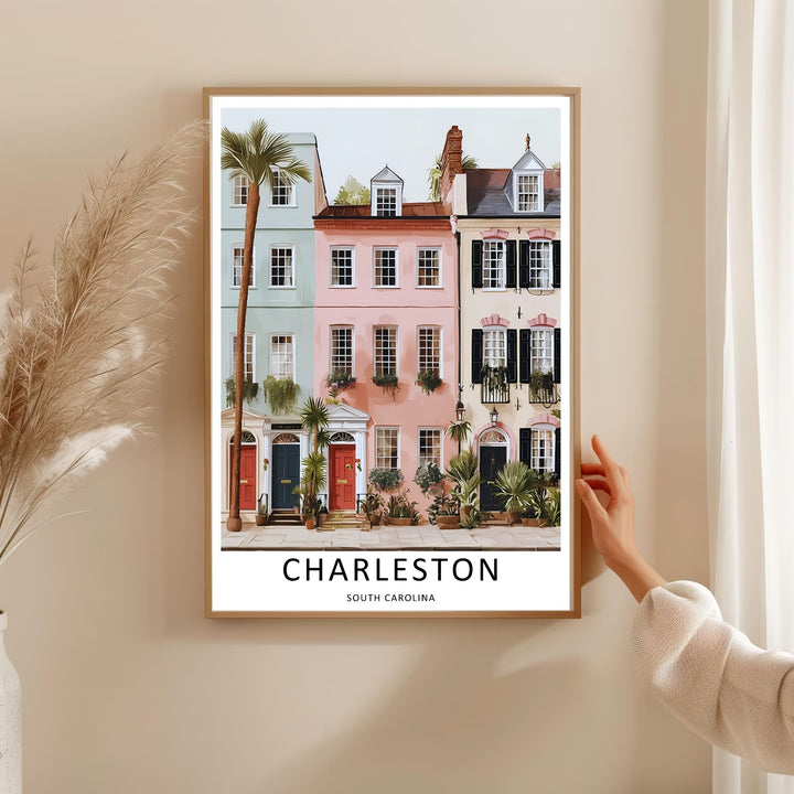 Charleston architectural art print depicting a tall palmetto palm tree standing on the sidewalk by residential buildings. This MapYourDreams decorative poster can be purchased as a premium canvas wrap or framed poster.