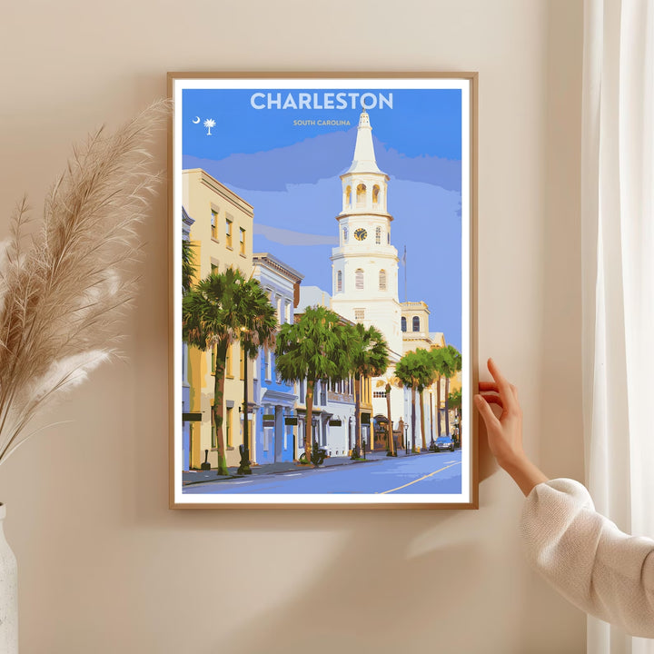 Charleston historic district wall art depicting a row of green palmetto palm trees lining a sunlit city avenue. This MapYourDreams decorative poster can be purchased as a premium canvas wrap or framed poster.