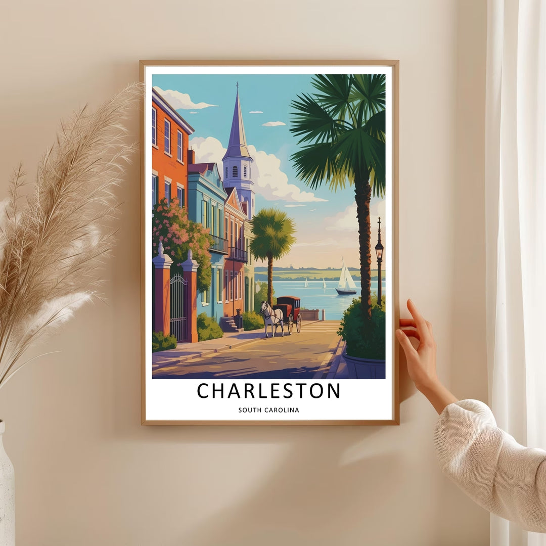 Charleston slender white church spire peeks over a colorful blue row house facade along a sunlit coastal avenue. A striking poster design perfect for living room decor as a canvas print, framed art, or poster.