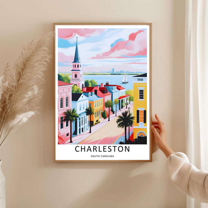 Southern historic street scene depicting tall palmetto palm trees casting shadows along a pastel avenue. This MapYourDreams decorative print can be purchased as a premium canvas wrap or framed poster.