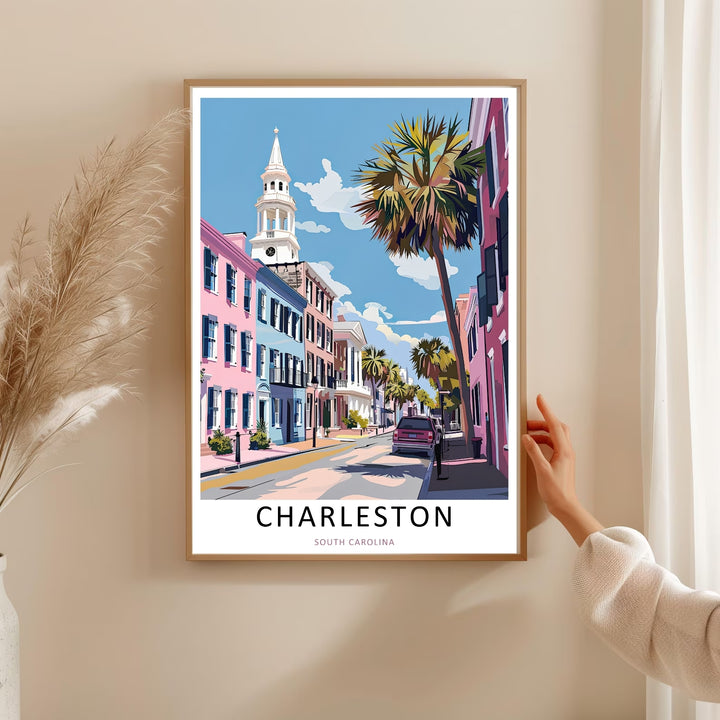 Charleston historic street wall art depicting a tall palmetto palm tree swaying over a sunlit avenue in South Carolina. This MapYourDreams decorative poster can be purchased as a premium canvas wrap or framed poster.