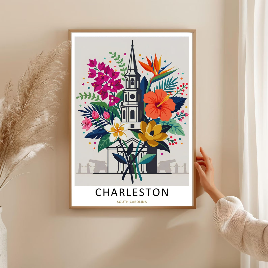 Charleston church steeple floral wall decor featuring bright orange hibiscus flowers and pink bougainvillea blooms. An elegant graphic poster style piece offered as a framed print, canvas, or fine art paper poster.