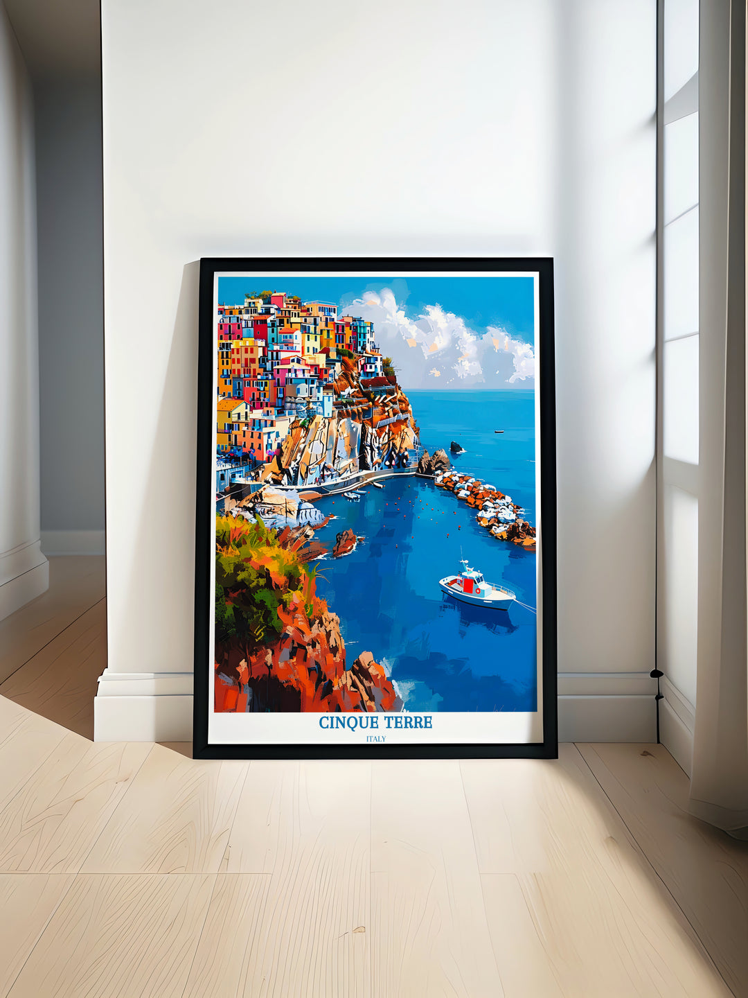 Artistic representation of Manarola in an oil painting emphasizing the harmonious blend of nature and architecture in Cinque Terre making it a sought-after piece for Italy enthusiasts