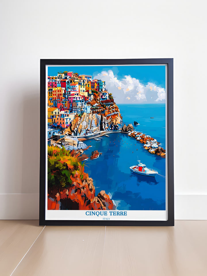 Artistic representation of Manarola in an oil painting emphasizing the harmonious blend of nature and architecture in Cinque Terre making it a sought-after piece for Italy enthusiasts