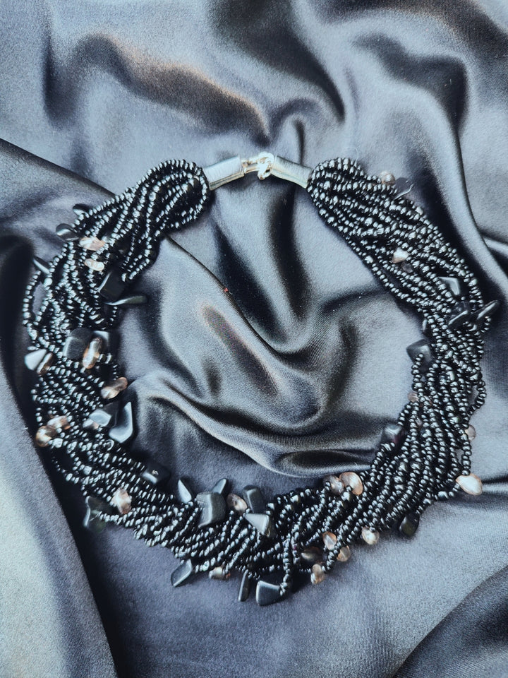 Black Multi-Strand Beaded Necklace - Handmade Statement Jewelry