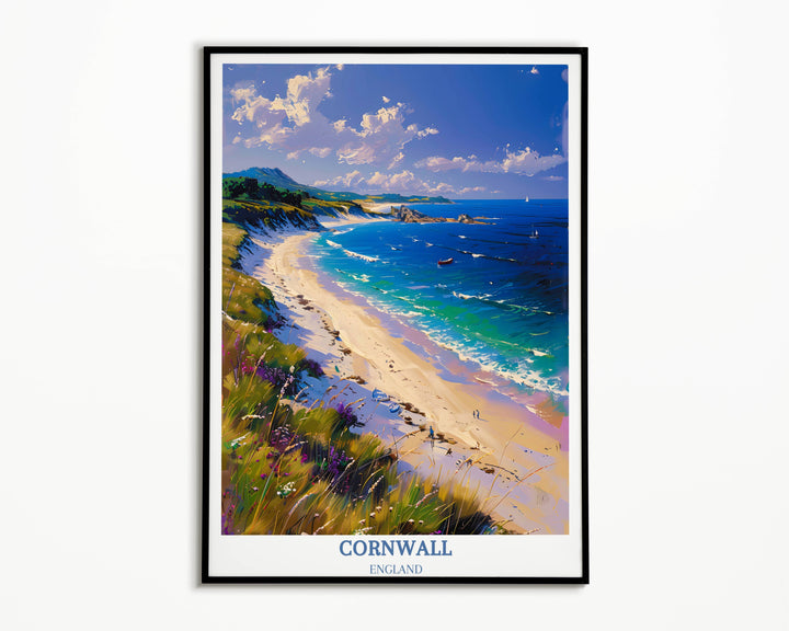 Explore the coastal beauty of Cornwall with our captivating Cornwall Travel Poster. This Travel Print of Cornwall encapsulates the essence of England's picturesque coastline, making it an ideal addition to your home decor.