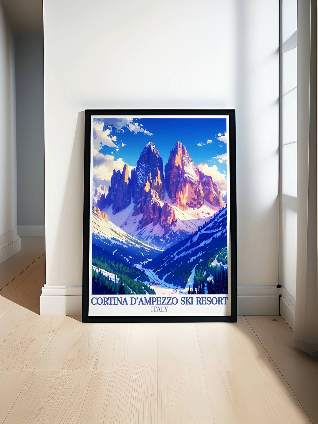 Aerial view of Cinque Torri, offering a comprehensive look at its magnificence and the surrounding Dolomite region in an exclusive art print