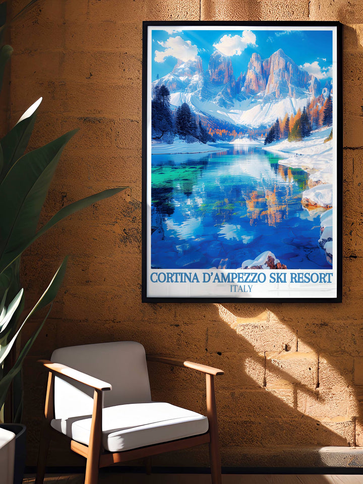 Vibrant ski scenes at Cortina d Ampezzo, capturing the dynamic winter sports atmosphere in a high quality framed print