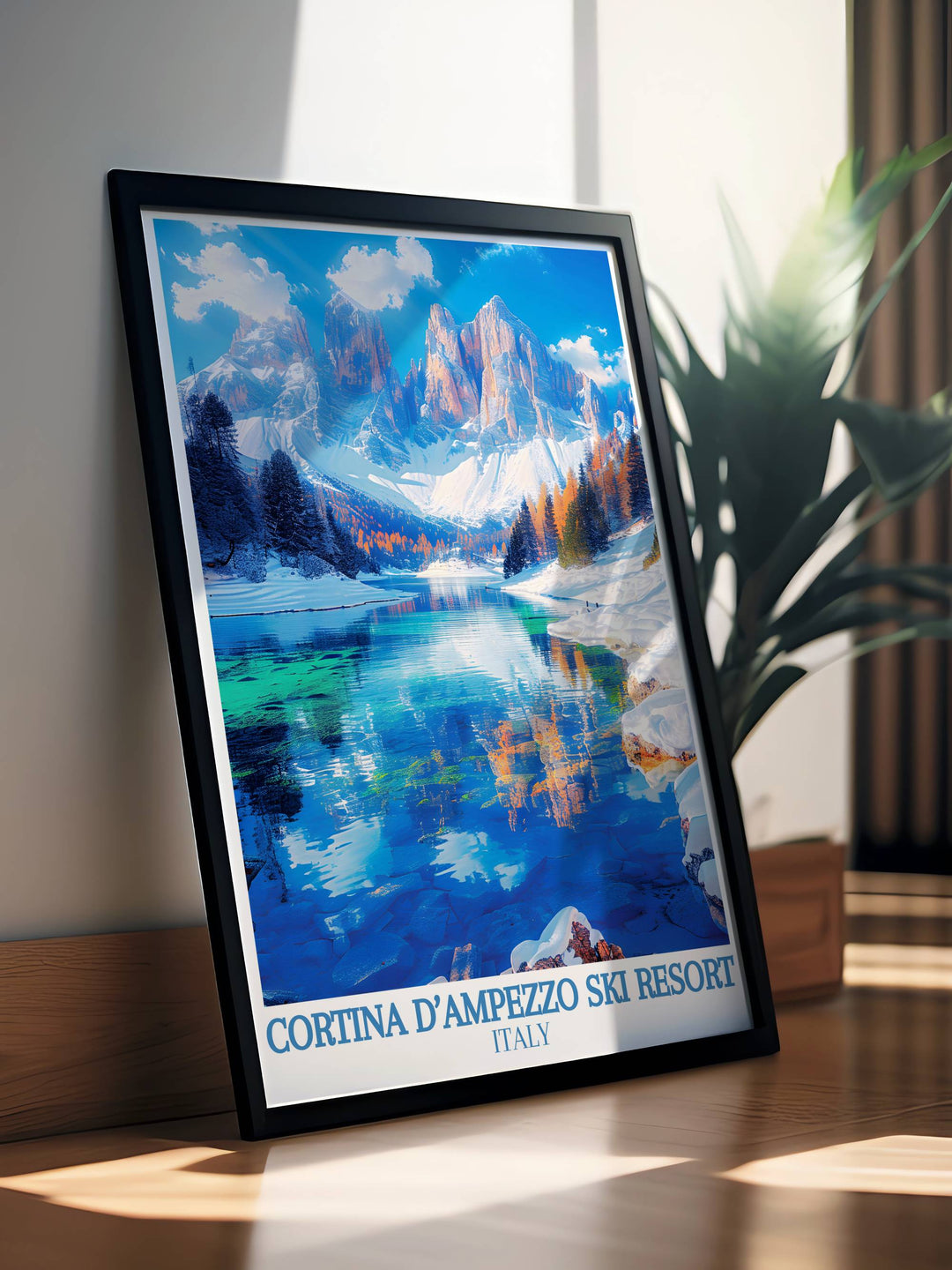 Vintage style ski poster of Cortina d Ampezzo, featuring retro ski attire and historical lifts, ideal for collectors of classic ski art