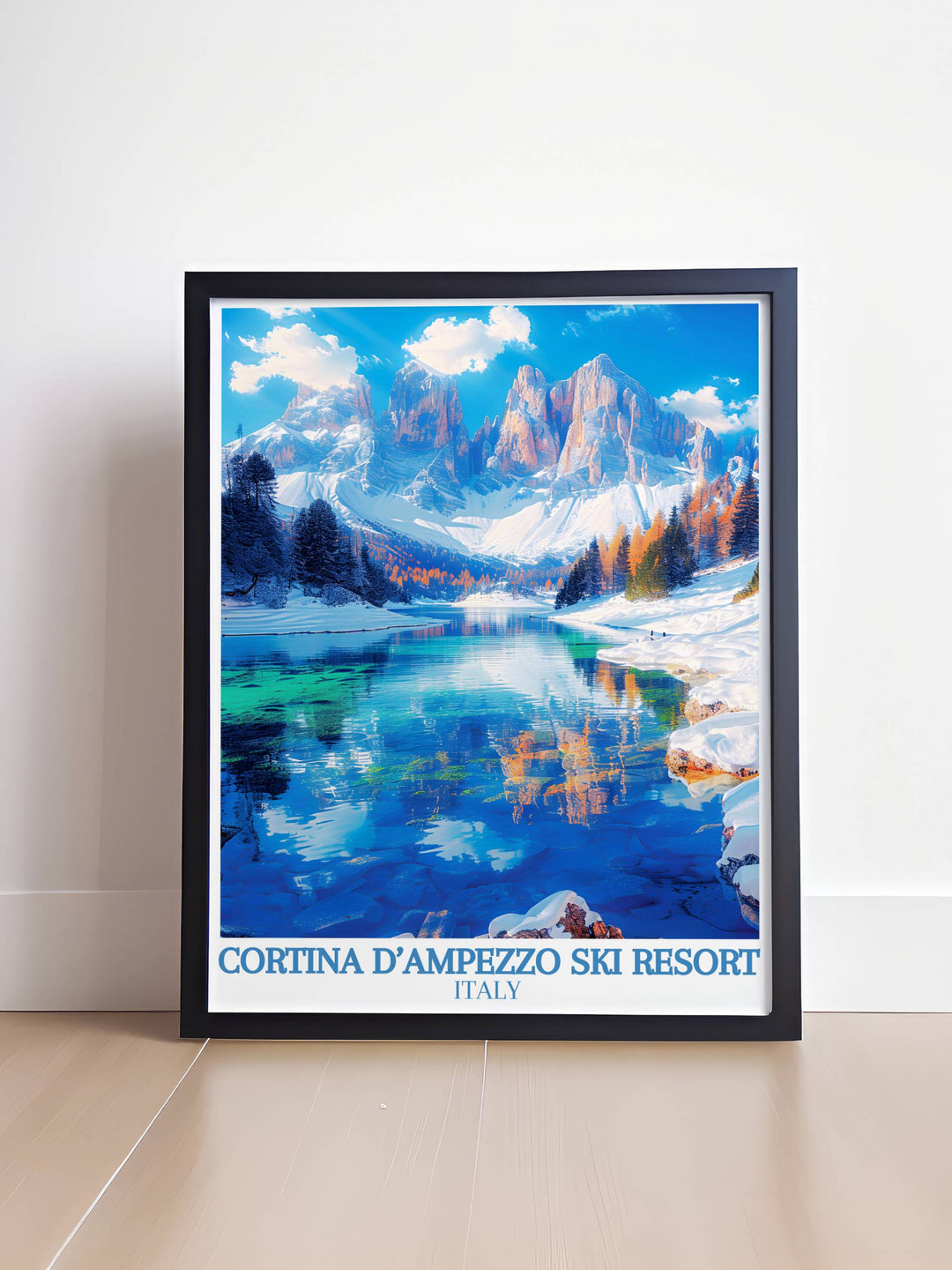 Daytime at Lake Misurina, stars reflecting over calm waters in a peaceful wall art addition