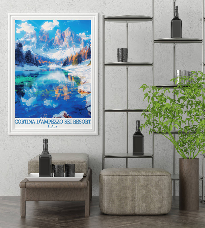 Detailed artwork of Lake Misurinas winter landscape, reflecting the serene icy environment perfect for a gallery wall
