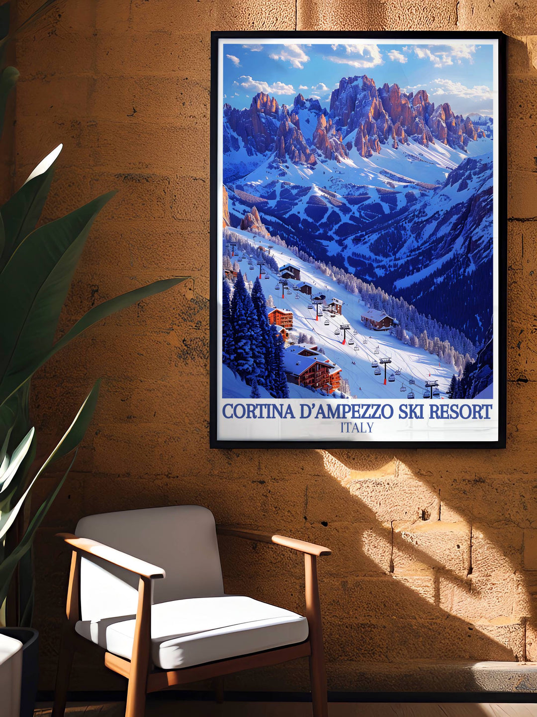 Panoramic winter scene of Tofanas ski slopes with skiers and snow laden trees, captured in a high quality framed print