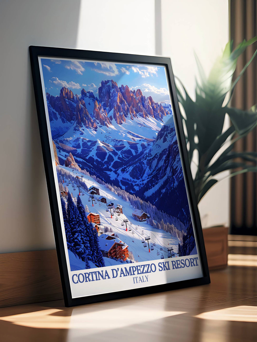 Snowy landscape of Tofana featuring skiers enjoying the slopes, ideal for a ski resort themed home decor