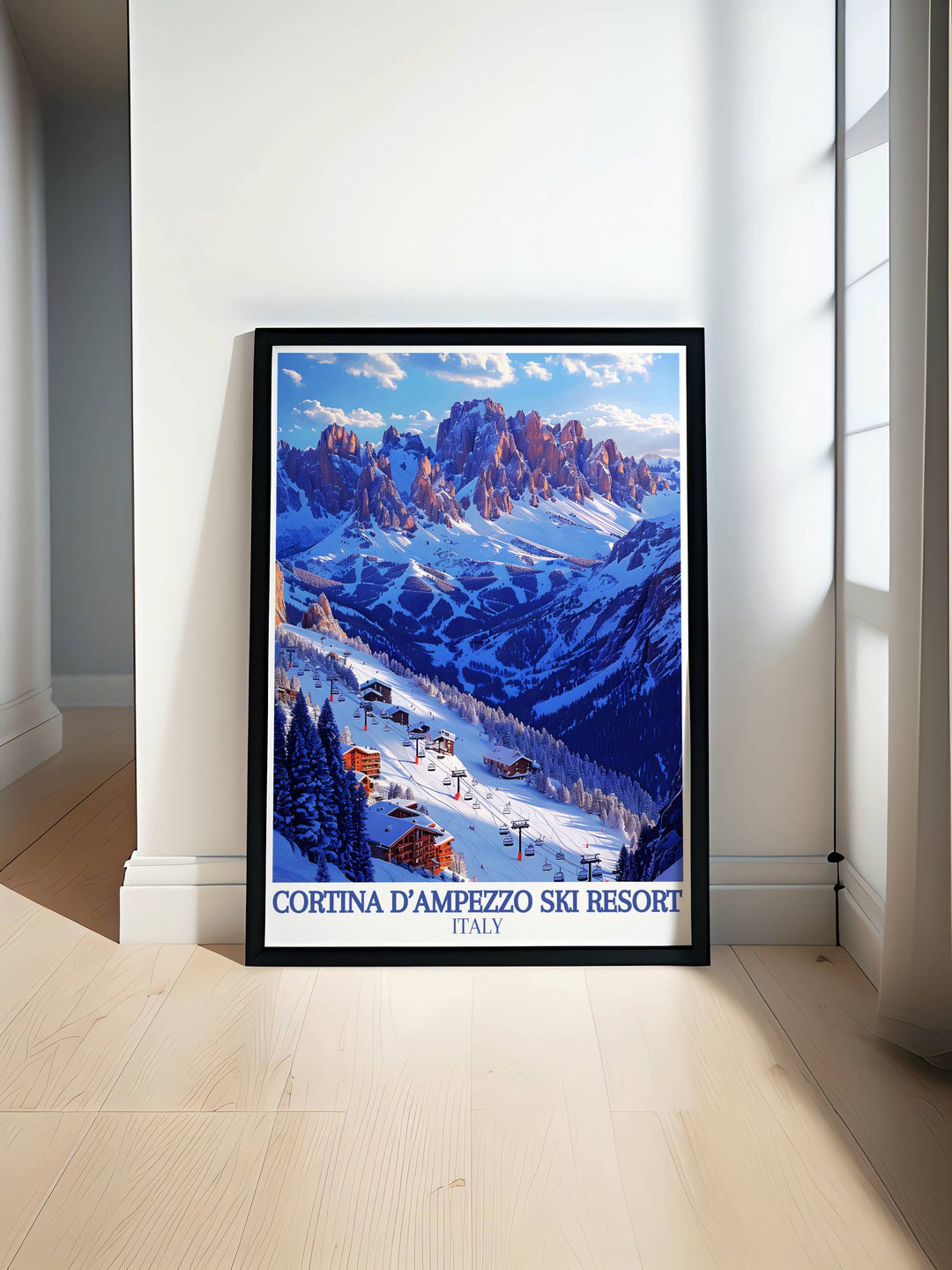 Serene dusk on the ski slopes of Tofana with skiers finishing their day, depicted in a peaceful and picturesque print