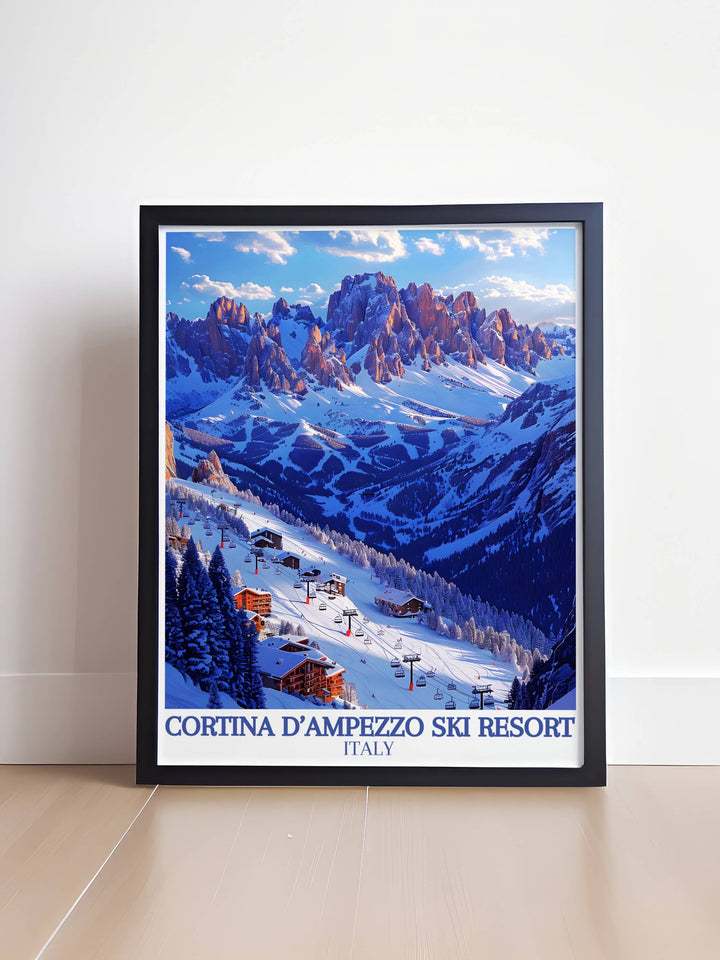 Skiers descending the challenging slopes of Tofana in Cortina d Ampezzo, captured in an action packed travel poster