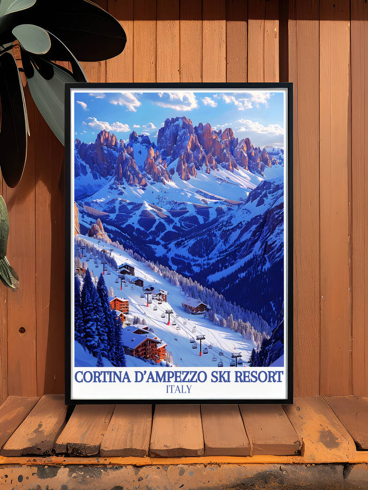 Aerial view of Tofana ski slopes bustling with ski activity, encapsulated in a vibrant wall decor print