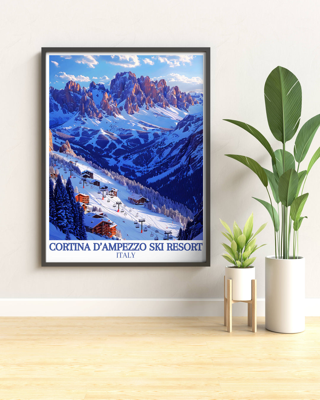 Sunset hues over Tofana ski slopes, creating a captivating and warm ski resort poster