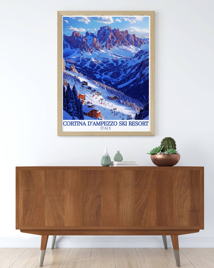 Busy ski day on Tofana slopes, illustrated in a dynamic and colorful framed art print perfect for any ski lover