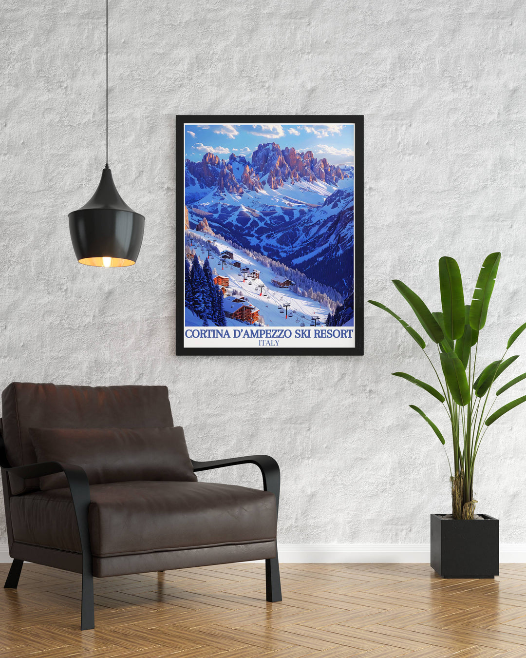 Detailed artwork depicting the active ski life on Tofana slopes, set against the breathtaking backdrop of the Italian Alps
