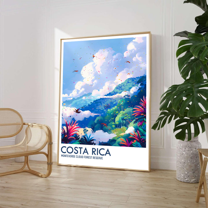 Detailed botanical vector artwork showing bright tropical blossoms and mist-covered hills in Monteverde Cloud Forest Preserve decorates this print. Order framed, unframed, and canvas poster styles at MapYourDreams.