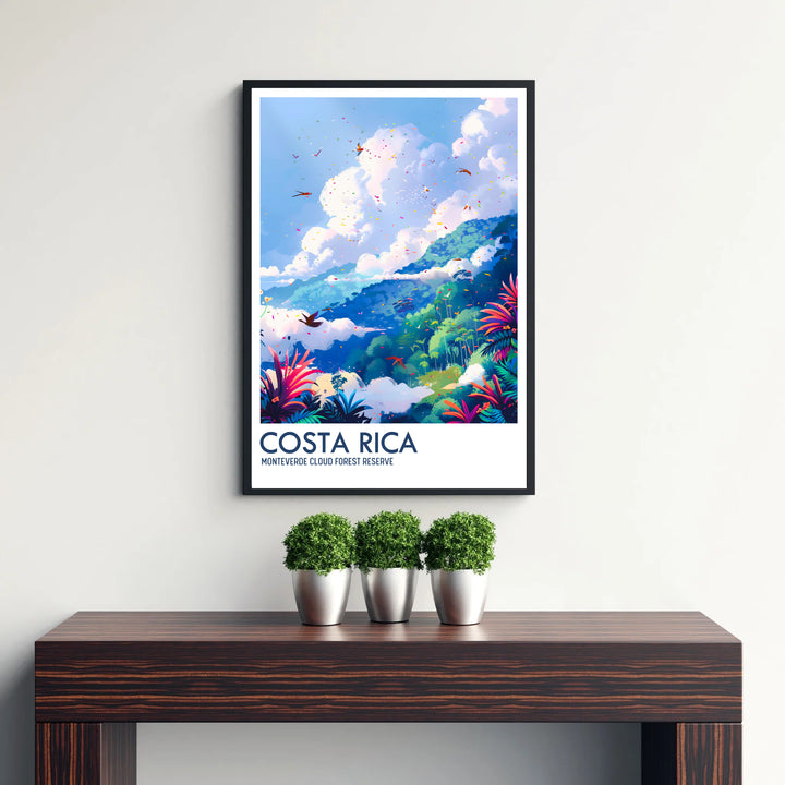 Inspired by classic nature travel art, this Costa Rica Monteverde Cloud Forest Preserve print showcases rich jungle flora. Discover versatile framed, unframed, and canvas print options available at MapYourDreams.
