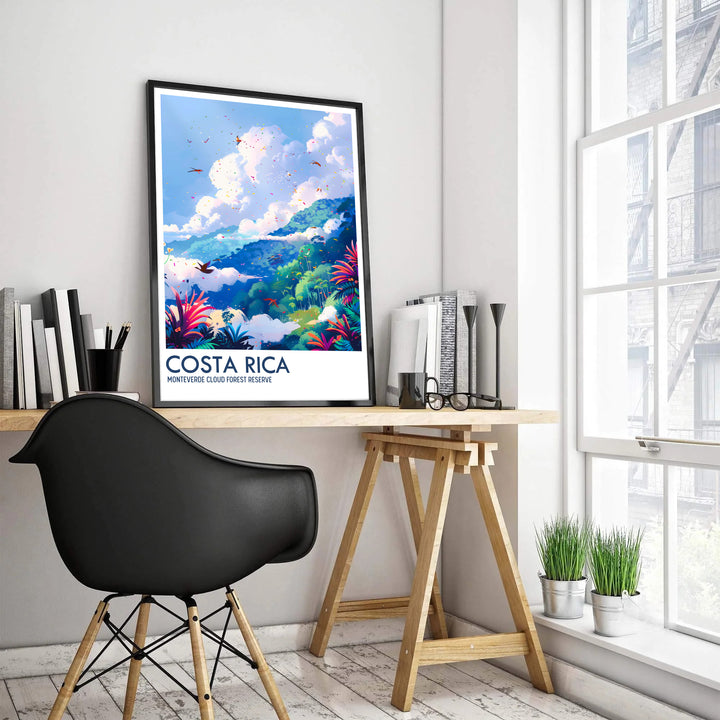 Bring Central American rainforest beauty into your home with this Costa Rica Monteverde Cloud Forest Preserve travel poster print. MapYourDreams features high-definition framed, unframed, and canvas options.