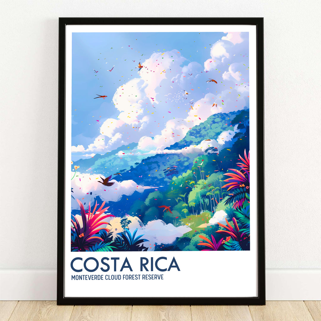 Tropical birds fly over the lush mist-shrouded rainforest canopy of the Monteverde Cloud Forest Preserve in Costa Rica on this travel poster. MapYourDreams offers framed, unframed, and canvas options.