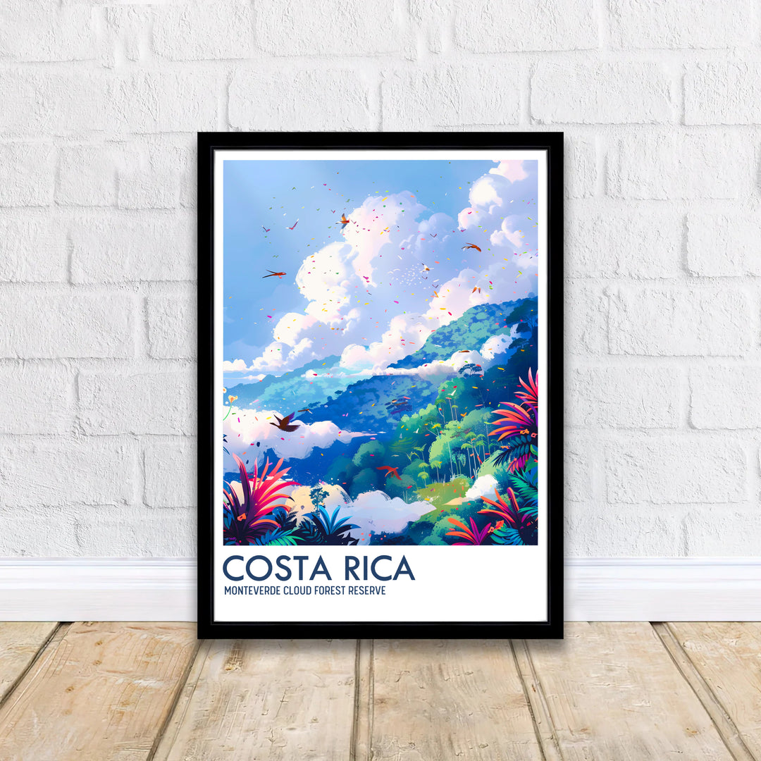 Bright cerulean skies, soaring birds, and rolling green hills of the Monteverde Cloud Forest Preserve star in this poster. MapYourDreams delivers quality framed, unframed, and canvas print options for decor.
