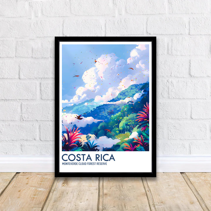 Bright cerulean skies, soaring birds, and rolling green hills of the Monteverde Cloud Forest Preserve star in this poster. MapYourDreams delivers quality framed, unframed, and canvas print options for decor.