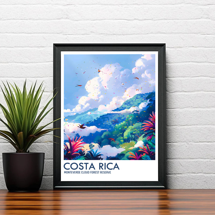 Colorful tropical magenta flowers and cloud-draped mountain peaks combine in this Costa Rica Monteverde Cloud Forest Preserve print design. Select tailored framed, unframed, and canvas formats at MapYourDreams.