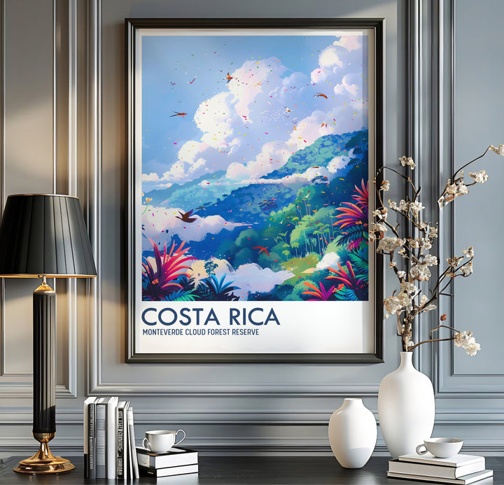Bold illustrative graphic style and clean white typography mark this Costa Rica Monteverde Cloud Forest Preserve print. MapYourDreams offers fine art framed, unframed, and canvas poster options for wall decor.