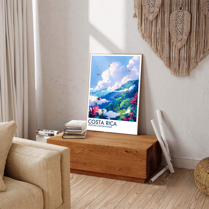 Travel poster aesthetics with rich tropical mountain scenery of the Monteverde Cloud Forest Preserve shine in this print. MapYourDreams presents quality framed, unframed, and canvas options for home decor.
