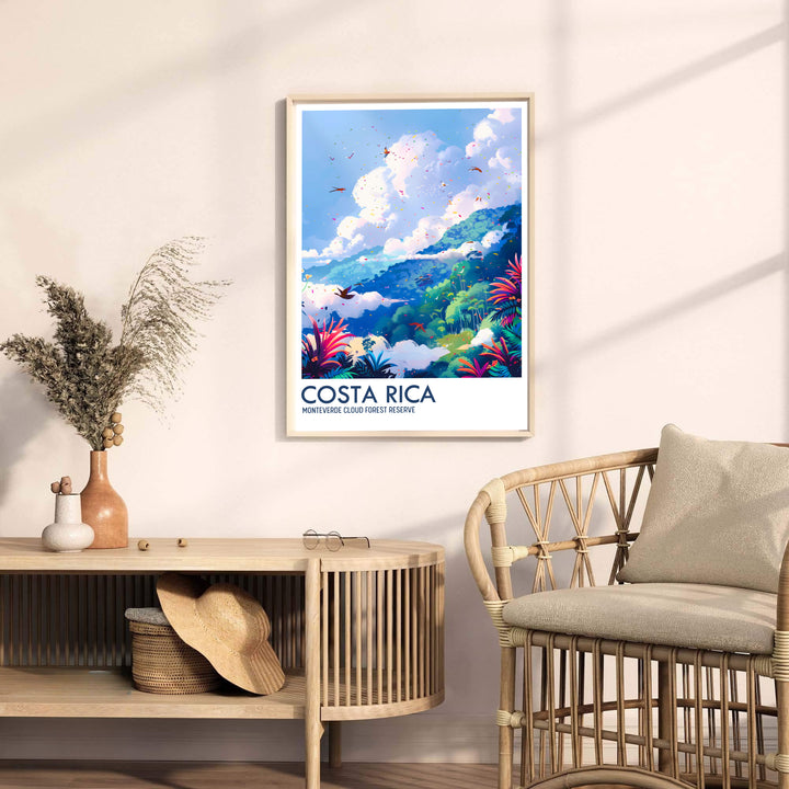 Scenic tropical rainforest scenery, soaring birds, and vibrant jungle flora star in this Monteverde Cloud Forest Preserve print. Discover ready-to-hang framed, unframed, and canvas options at MapYourDreams.