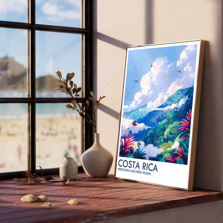A stunning tropical landscape featuring birds, vibrant flowers, and lush mountain vistas in the Monteverde Cloud Forest Preserve defines this poster. Shop custom framed, unframed, and canvas prints at MapYourDreams.