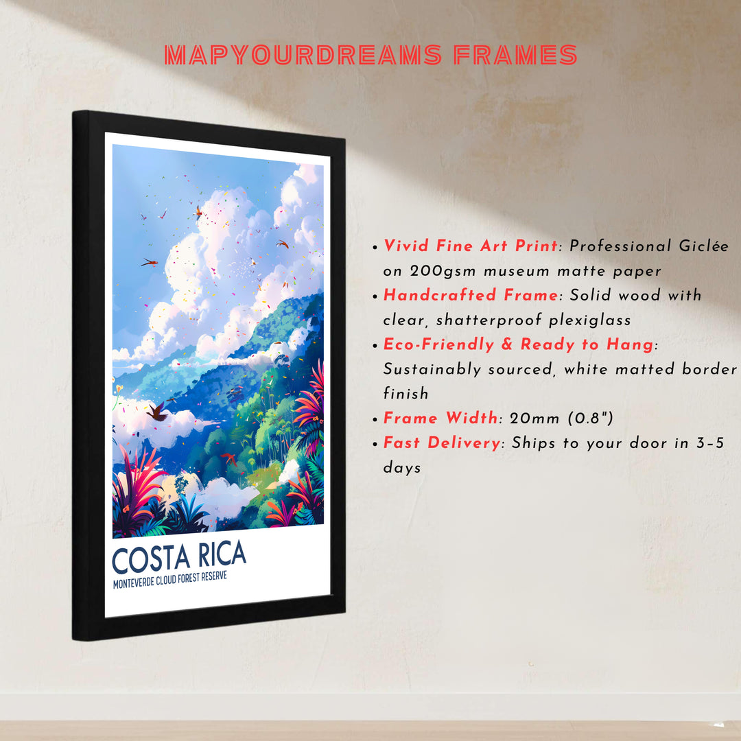 Famous Central American cloud forest scenery at the Monteverde Cloud Forest Preserve in Costa Rica decorates this print. Buy high-definition framed, unframed, and canvas poster options at MapYourDreams today.