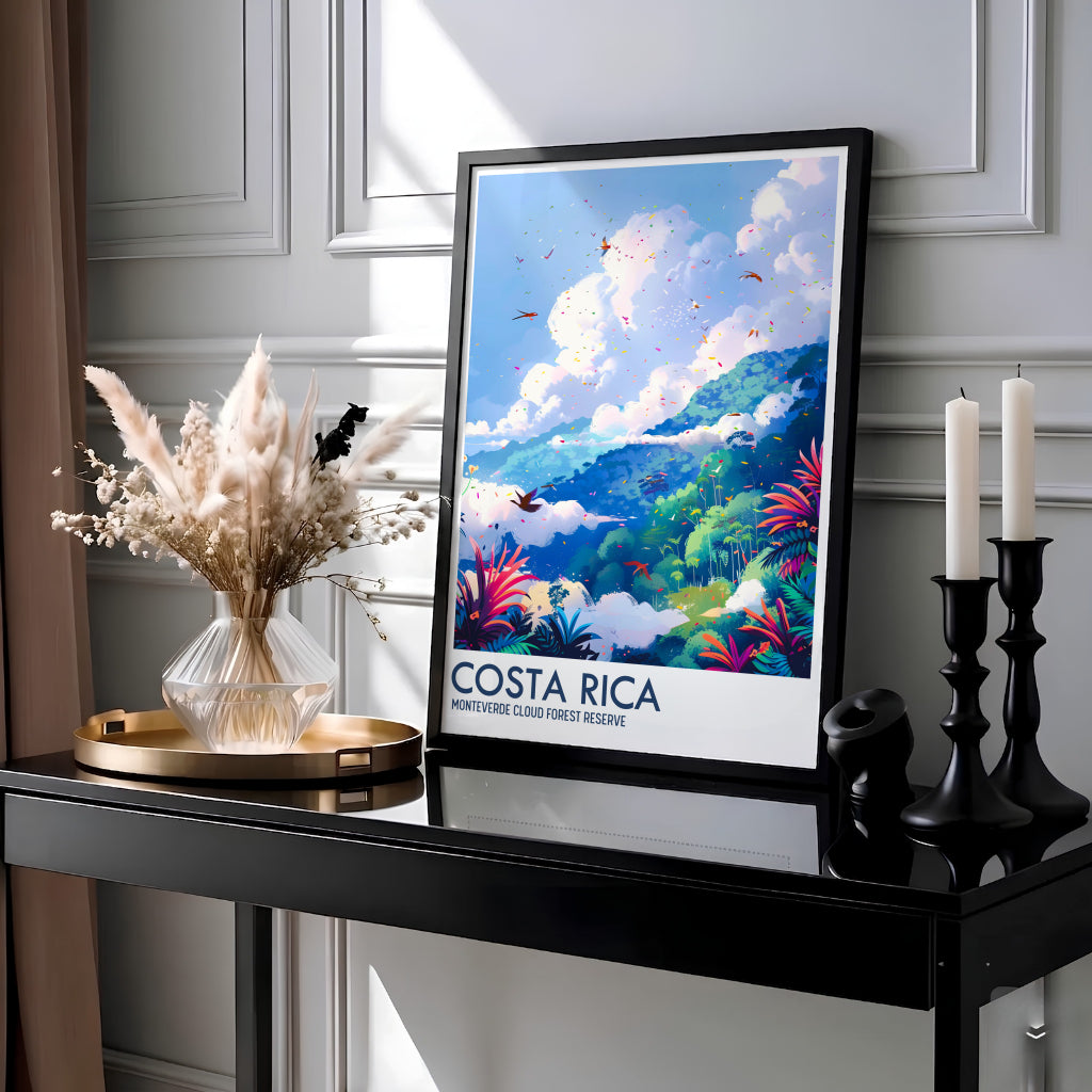 White fluffy clouds drift over the Costa Rica Monteverde Cloud Forest Preserve in this colorful botanical art print. MapYourDreams provides fine art framed, unframed, and gallery canvas decor formats.