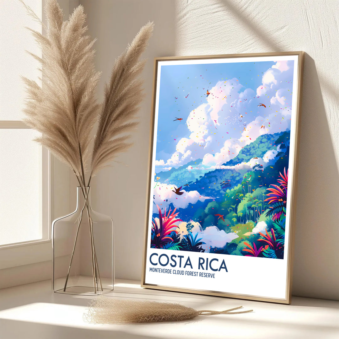 Exotic jungle vibes and sweeping rainforest views of the Monteverde Cloud Forest Preserve define this Costa Rica travel poster print. MapYourDreams features framed, unframed, and canvas options for living room decor.