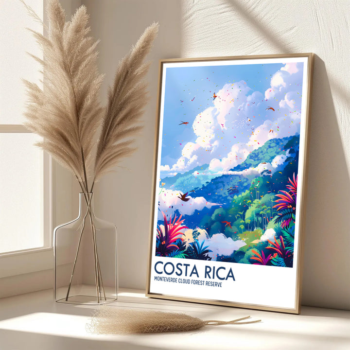 Exotic jungle vibes and sweeping rainforest views of the Monteverde Cloud Forest Preserve define this Costa Rica travel poster print. MapYourDreams features framed, unframed, and canvas options for living room decor.
